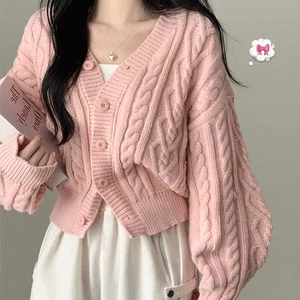 츄러스 브이넥 아크릴 레이어드 꽈배기 오버핏 니트 가디건